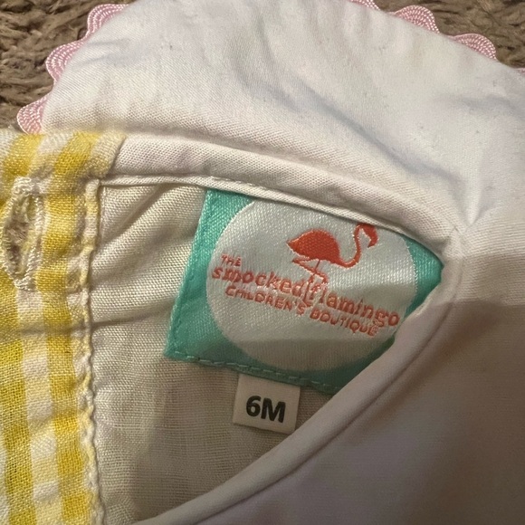 Smocked Flamingo Yellow Gingham Baby Romper with Bunny Accents - Picture 2 of 4